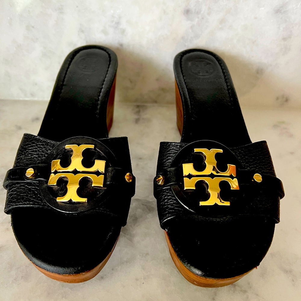 Tory Burch Black Leather Wedge Slides with Gold Logo